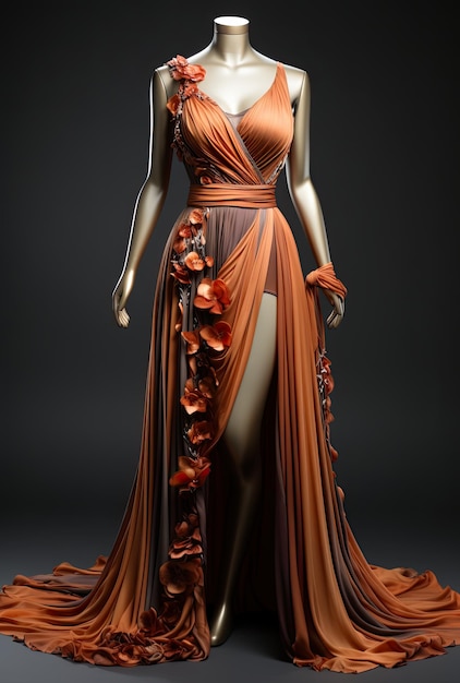 Um manequim vestido com um vestido laranja e marrom