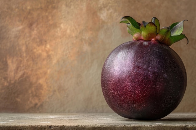 Um mangostão inteiro sem casca descansando em um fundo neutro