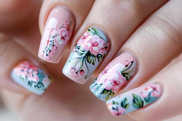 Foto um mani com flores pintadas nele