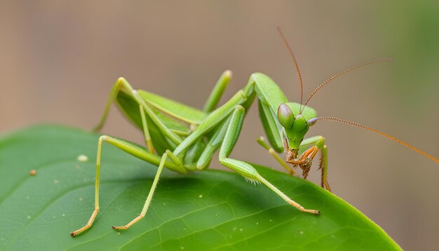 um mantis orando em uma folha com o fundo de um fundo marrom