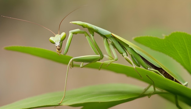 um mantis orando está sentado em uma planta