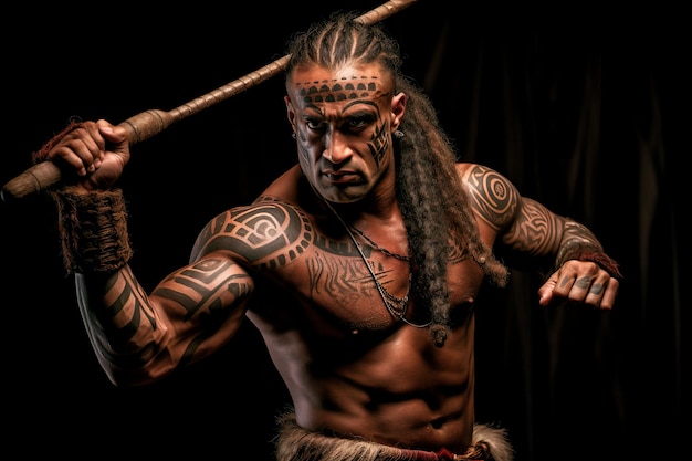 Um maori em pose de luta com sua lança