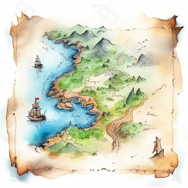 um mapa a aquarela de uma ilha pirata com navios e montanhas generativo ai
