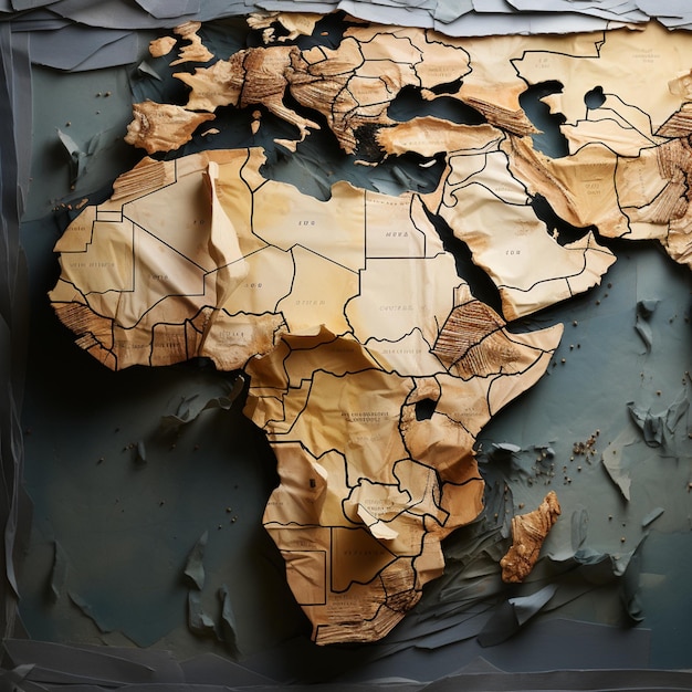 Um mapa africano amarelo em fundo DARK no estilo de geometria multifacetada modelagem de superfície dura sombras monocromáticas
