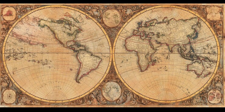Um mapa antigo do mundo com linhas costeiras e cordilheiras ricamente detalhadas impressas em terra apagada
