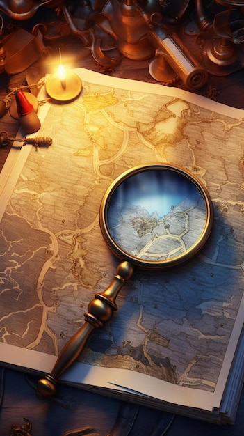 um mapa com uma moldura dourada e um objeto vermelho