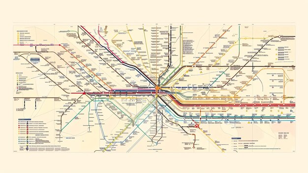 Foto um mapa complexo de metrô com muitas linhas e estações o mapa é codificado por cores com cada linha tendo sua própria cor única