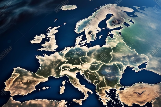 Um mapa da europa à noite, com um mapa brilhante da europa.