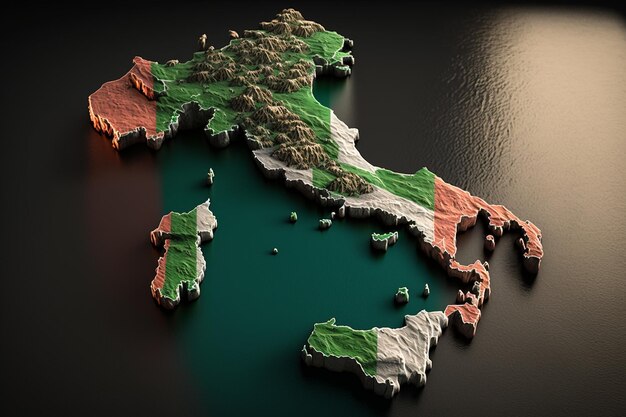 Foto um mapa da itália com a bandeira italiana nele.