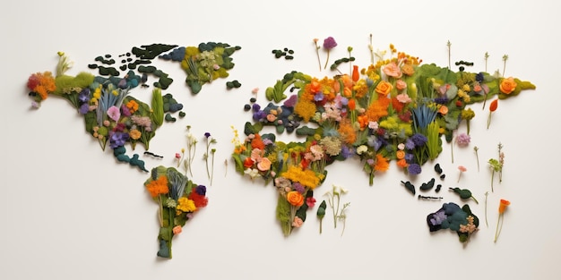 Um mapa da Terra composto por folhagem vibrante, musgo verde, flores e folhas coloridas em um fundo branco, representando a sustentabilidade ambiental