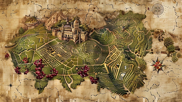 Foto um mapa de um lugar fictício chamado vinha do minotauro. o mapa é desenhado à mão e parece ser do século xvi.