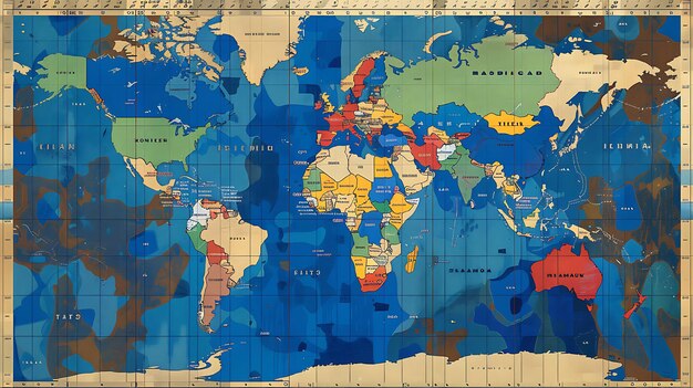 Um mapa do mundo colorido em estilo retro Os países são pintados em cores diferentes
