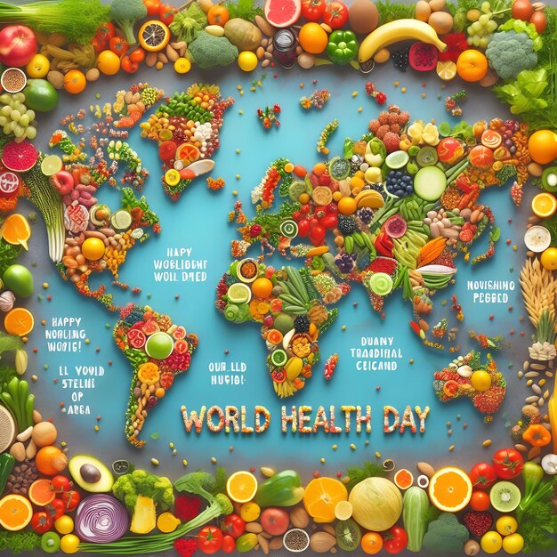 Foto um mapa do mundo com frutas e vegetais, incluindo a saúde do mundo.