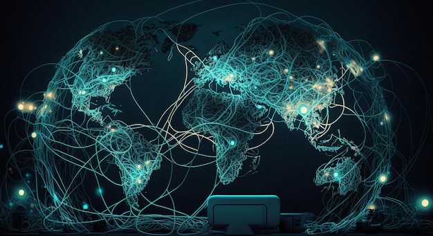 Um mapa do mundo com muitos fios nele