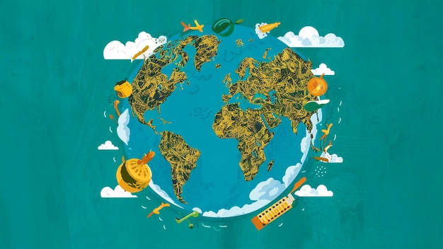 um mapa do mundo com uma imagem de um globo e as palavras o mundo nele