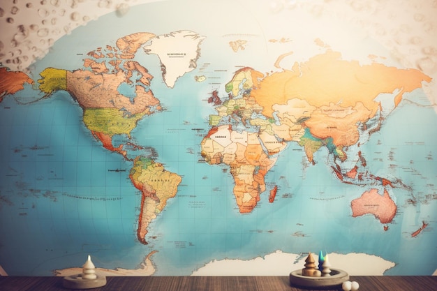 Foto um mapa do mundo é mostrado em uma parede.