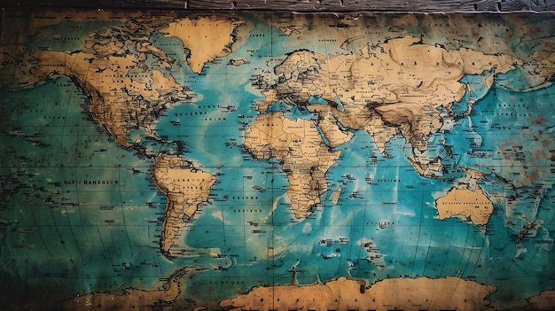 Foto um mapa do mundo em cores azuis e castanhas com um estilo vintage e retro o mapa tem uma textura de papel e parece um documento antigo