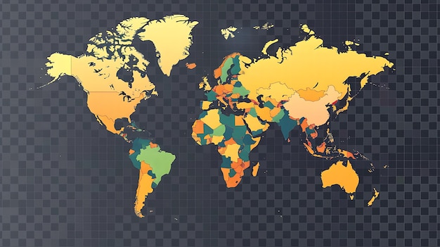 Um mapa do mundo em um gradiente dourado com um fundo escuro Os países são delineados em um tom mais escuro de ouro