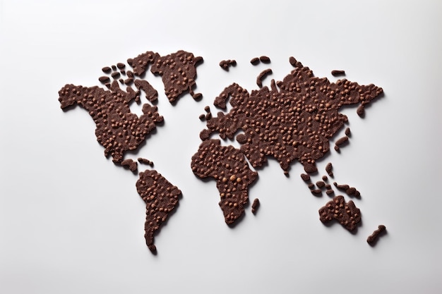 Um mapa do mundo nas formas dos continentes feitas de chocolate espalhado sobre fundo branco