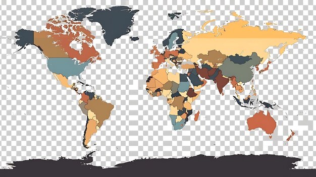 Um mapa do mundo num estilo vintage os países estão em tons de terra apagados e os oceanos são de um azul claro