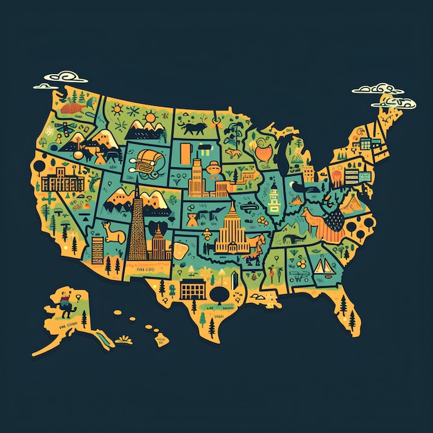 Um mapa dos Estados Unidos com diferentes marcos