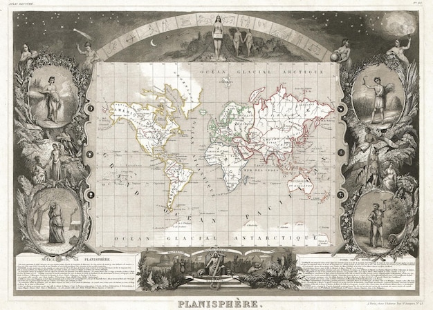 Um mapa raro do mundo pelo editor de mapas francês Victor Levasseur 1847 Sépia com ilustrações