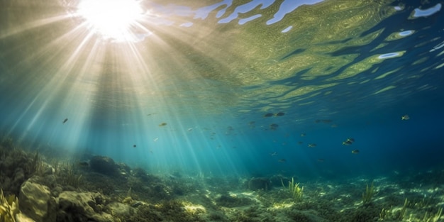 Um mar azul com um sunburst e peixes nadando na água