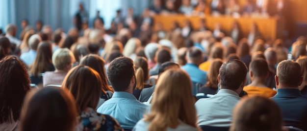 Um mar de participantes absortos numa conferência, o seu foco atraído para o palco.