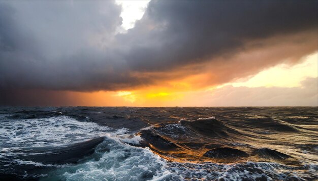 Foto um mar tempestuoso com o sol a pôr-se atrás dele