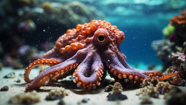 Foto um maravilhoso oceano subaquático cheio de cores e corais com um polvo muito bonito e detalhado