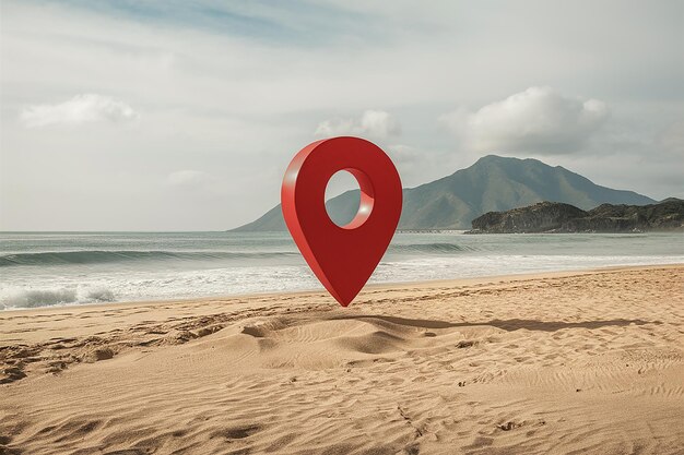 Foto um marcador vermelho na areia com o oceano ao fundo