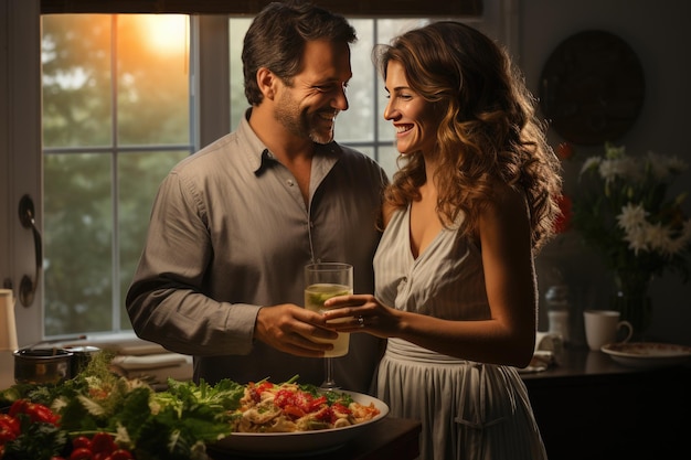 Um marido apaixonado traz café da manhã para sua esposa