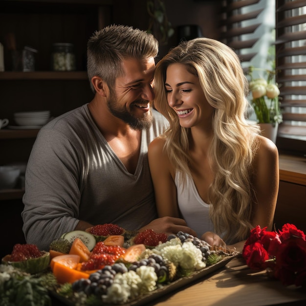 Um marido apaixonado traz café da manhã para sua esposa