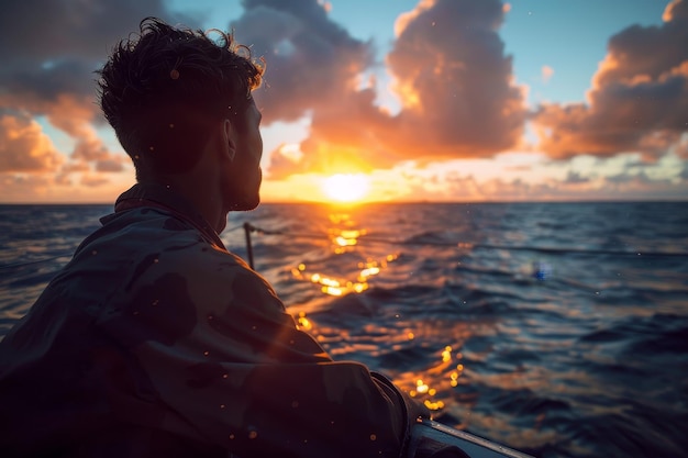 Um marinheiro tranquilamente desfrutando de um momento de solidão ao nascer do sol olhando para o horizonte tranquilo do oceano com uma sensação de serenidade e aventura