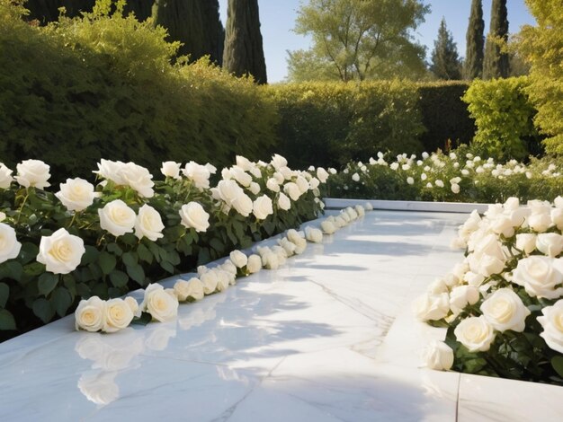 Um mármore branco cercado por rosas brancas em um jardim