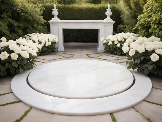 Um mármore branco cercado por rosas brancas em um jardim
