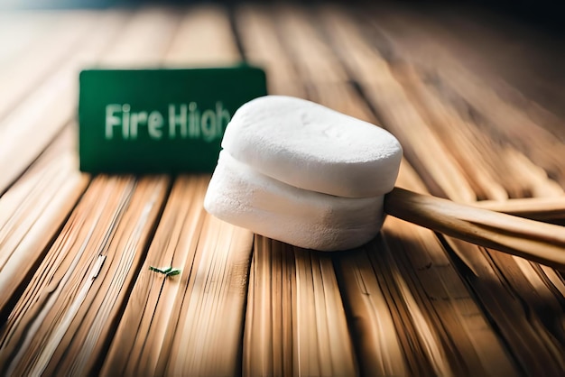 um marshmallow em uma superfície de madeira com uma placa verde e vermelha que diz 039fire