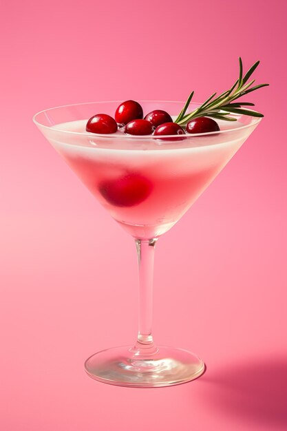 Um Martini de visco adornado com um galho de romário fresco e cranberries