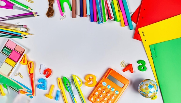 Um material escolar colorido em uma mesa branca com um livro vermelho e um lápis.