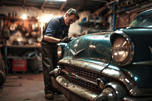 Um mecânico a consertar um carro vintage numa garagem gerada pela IA