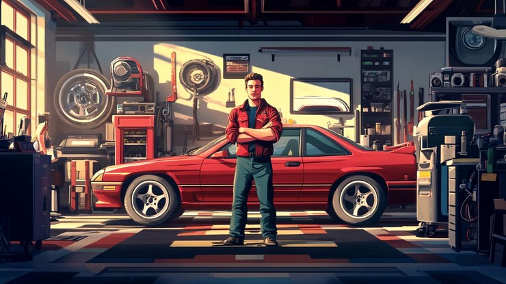 Foto um mecânico confiante está em uma garagem bem equipada com um clássico carro esportivo vermelho