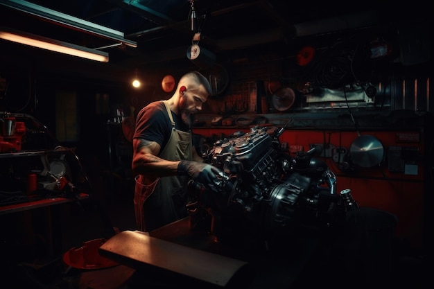 Foto um mecânico de automóveis conserta uma unidade de automóvel, gerador de caixa de câmbio, oficina mecânica