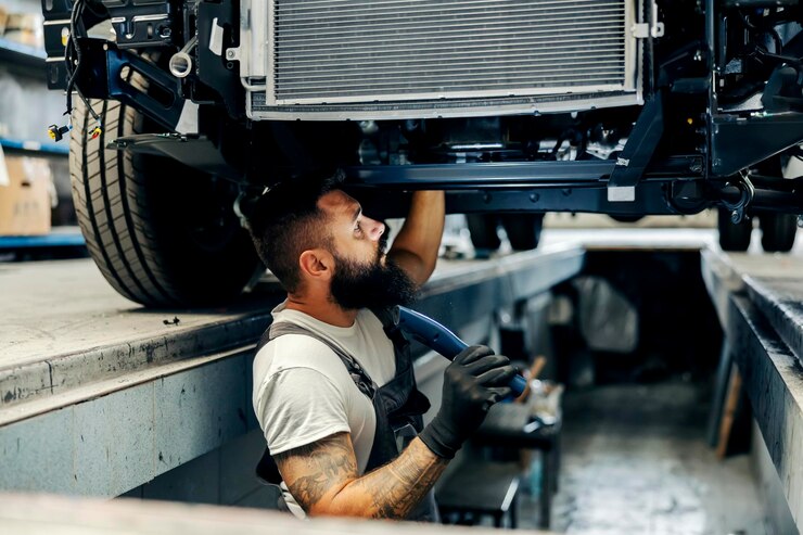 Foto um mecânico de automóveis em um veículo de exame de poço