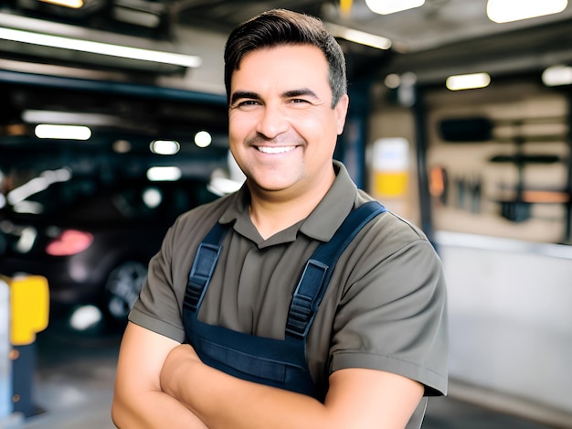 Foto um mecânico de automóveis feliz na garagem.