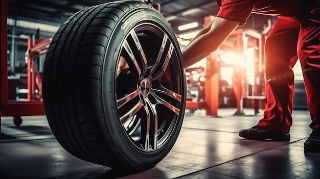 Foto um mecânico de carro equilibra uma roda de carro em uma máquina de equilíbrio de rodas em uma garagem