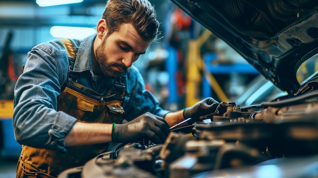 Um mecânico determinado a reparar veículos com conhecimento técnico e dedicação na garagem, ilustração gerada pela IA