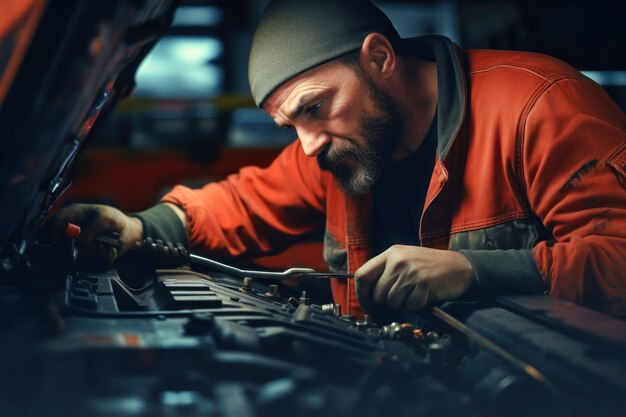 Foto um mecânico em uma oficina diagnostica e repara o motor e os sistemas do carro reparo de carros e diagnóstico na garagem serviço de carros moderno mecânico trabalhador brutal