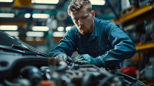 Um mecânico está a trabalhar num motor de carro.