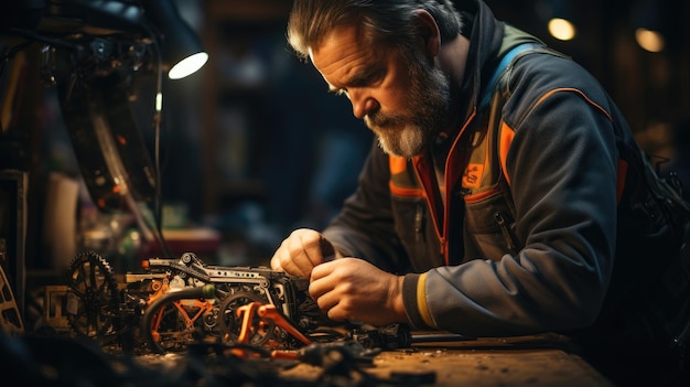 Um mecânico reparando peças de uma motocicleta