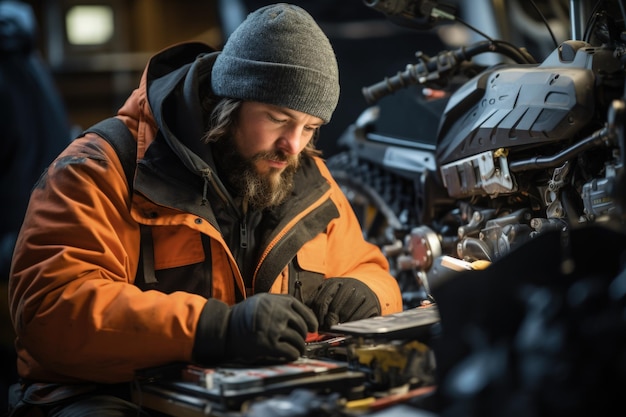 Um mecânico resolvendo problemas com um motor de moto de neve no frio do Ártico